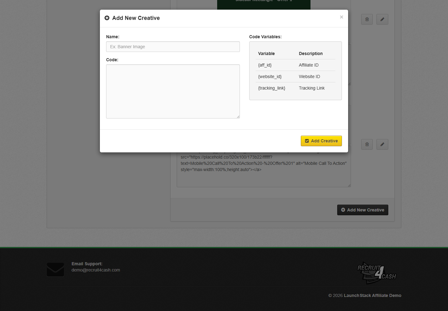 Interactive affiliate creative editor for adding banner names, embed code, and tracking variables